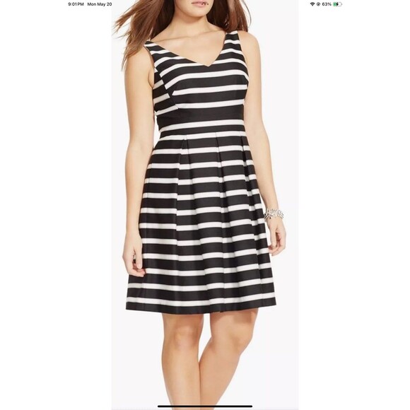 Lauren Ralph Lauren Black/Ivory Stripe Sateen V-Neck Fit & Flare Dress Sz 8 NEW - Picture 1 of 10
